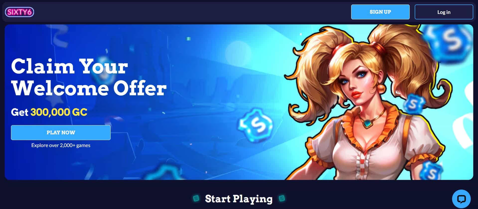 Promotional banner for SIXTY6 online gaming platform featuring a stylized blonde woman in pigtails wearing a white blouse with orange trim and turquoise pendant, set against a vibrant blue gradient with floating game icons; includes bold text offering 300,000 GC welcome bonus, “Sign Up,” “Log In,” and “Play Now” buttons, plus tagline “Explore over 2,000+ games” and “Start Playing.”